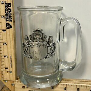 Vintage Clear Glass Beer Stein Mug Pewter Crest Shield Lions PA Monogram